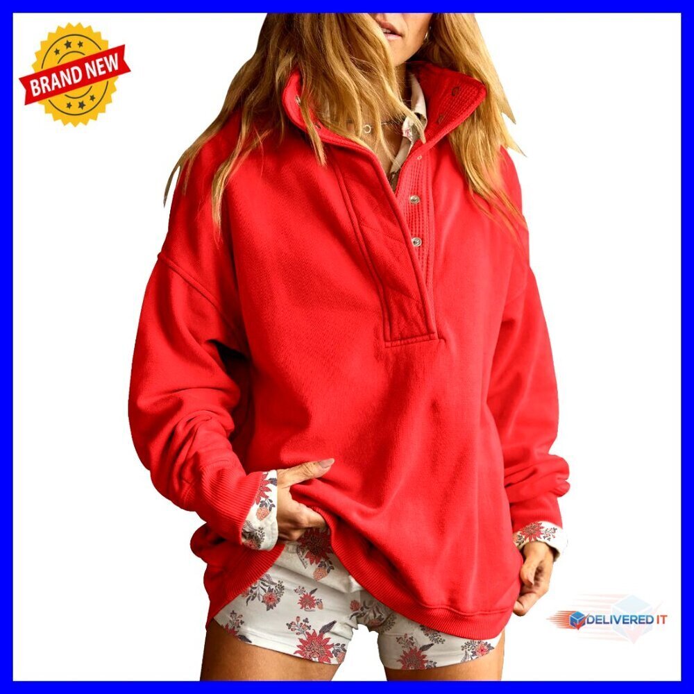 Oversized Henley Neck Sweatshirt Y2K Casual Pullover Long Sleeve Button Top